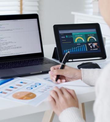 Woman working on computer.
