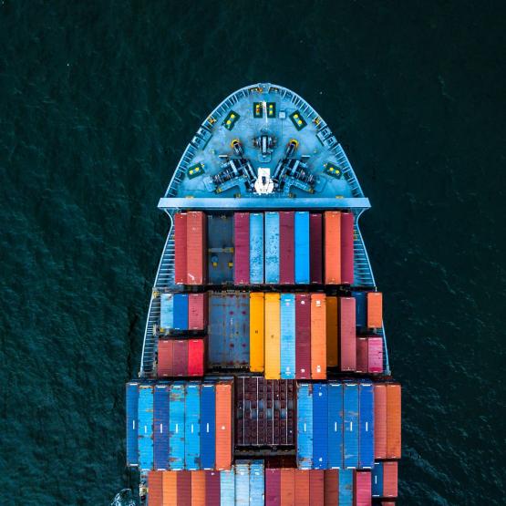 Cargo ships on a body of water are shown