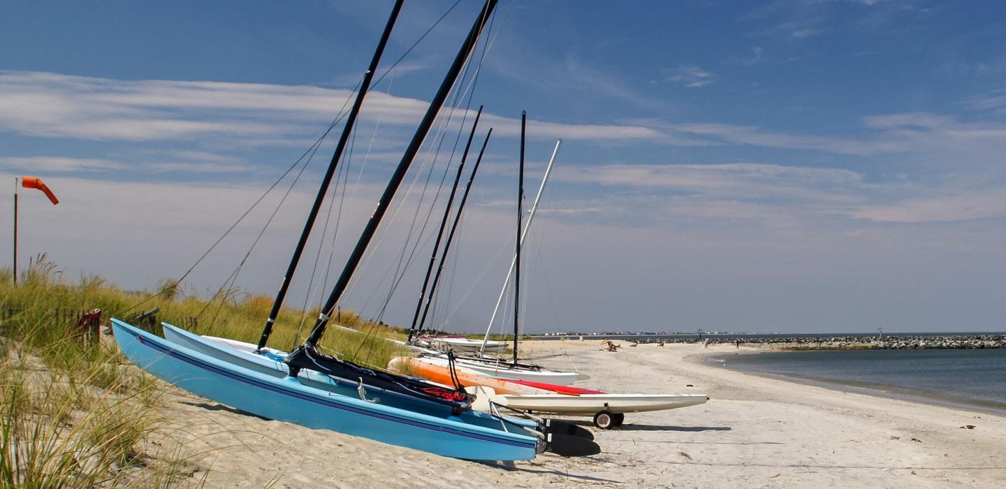 Blue ship on a beach in Delaware.