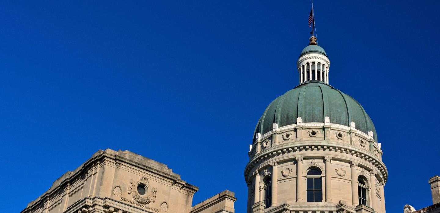 A cathedral-like building with a clear blue sky in Indiana.