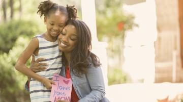 Mother and daughter with Mother's Day card