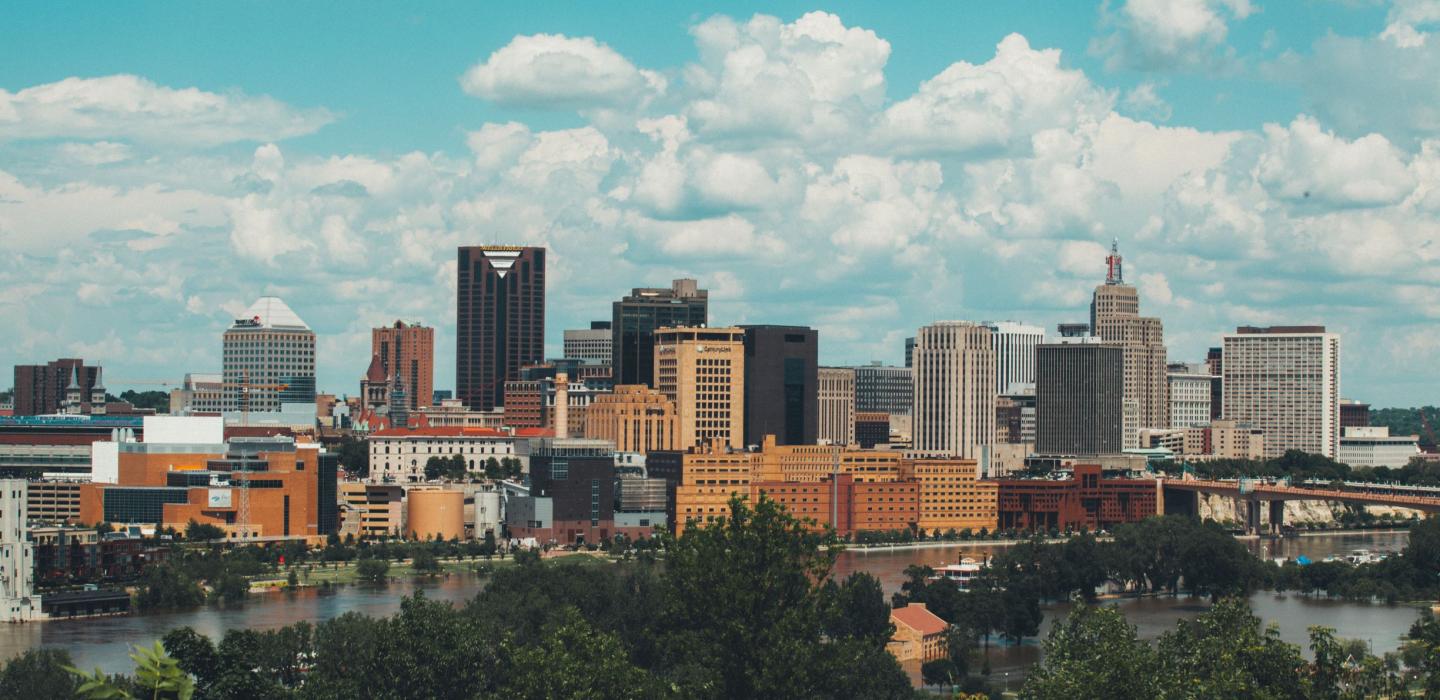 Minneapolis skyline on a beautiful day in Minnesota.