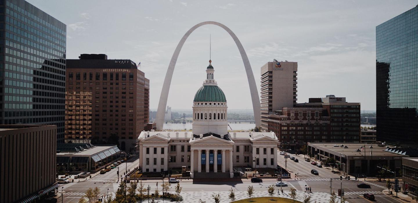 City Hall along with the Gateway Arch in St. Louis, Missouri.