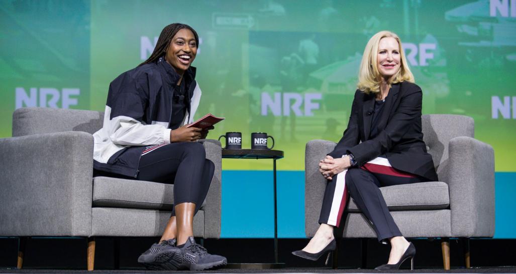 Under Armour CEO Stephanie Linnartz and Minnesota Lynx star Diamond Miller at NRF 2024.