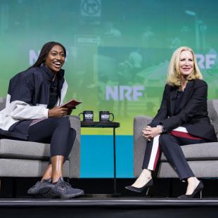 Under Armour CEO Stephanie Linnartz and Minnesota Lynx star Diamond Miller at NRF 2024.