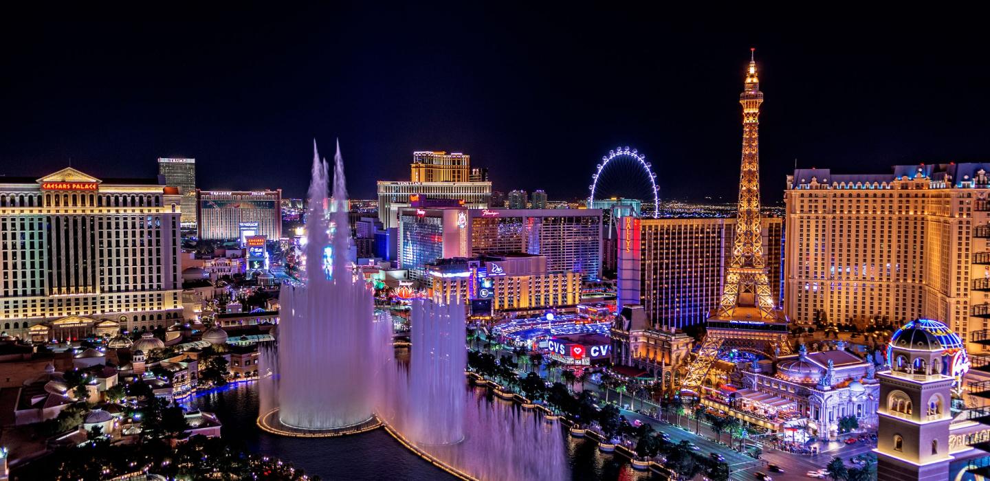 A skyline view at night of Las Vegas, Nevada.