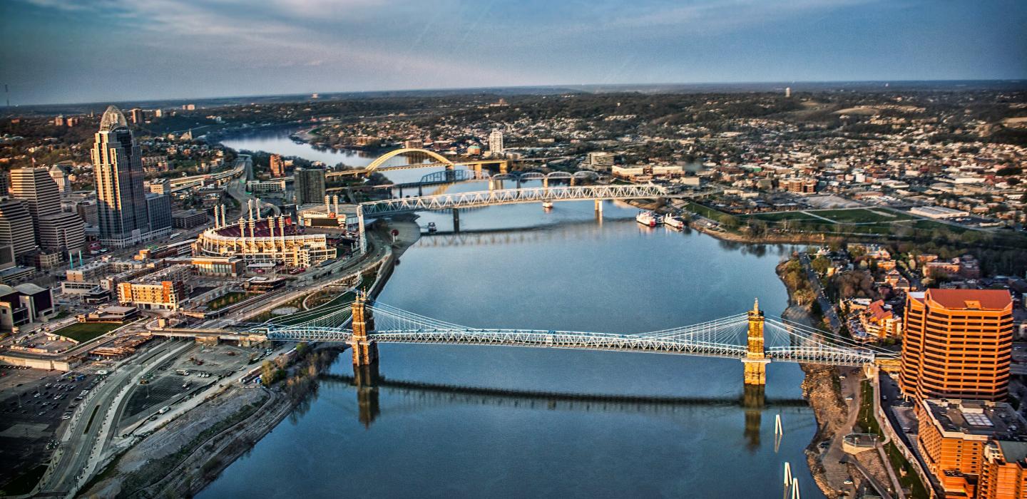 A city skyline showcasing 3 different bridges in Ohio.