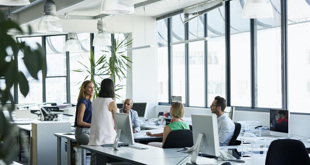 a group of professionals are talking at work in a modern office