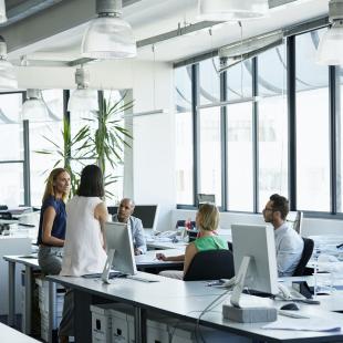 a group of professionals are talking at work in a modern office