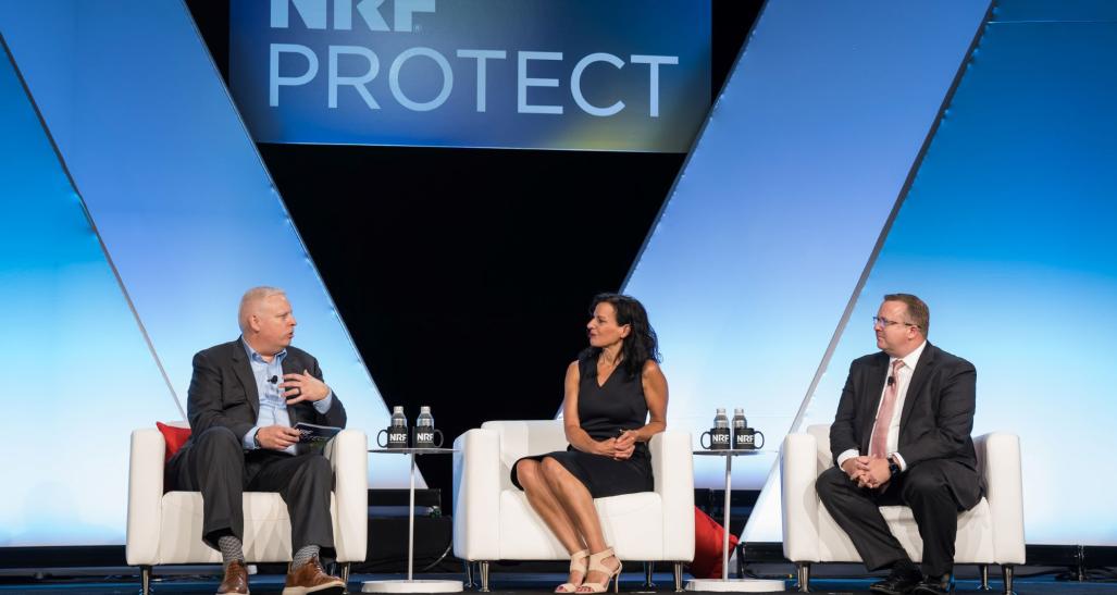 David Johnston, Juliette Kayyem and Jonathan Wackrow speaking at NRF PROTECT.