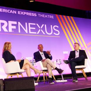 Martine Reardon, Vinod Bidarkoppa and Tim Simmons speaking at NRF Nexus 2023.