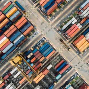 an aerial view of shipment trucks