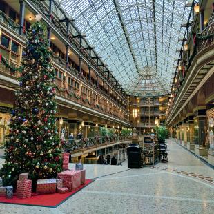 interior of a mall decorated with Christmas decor 