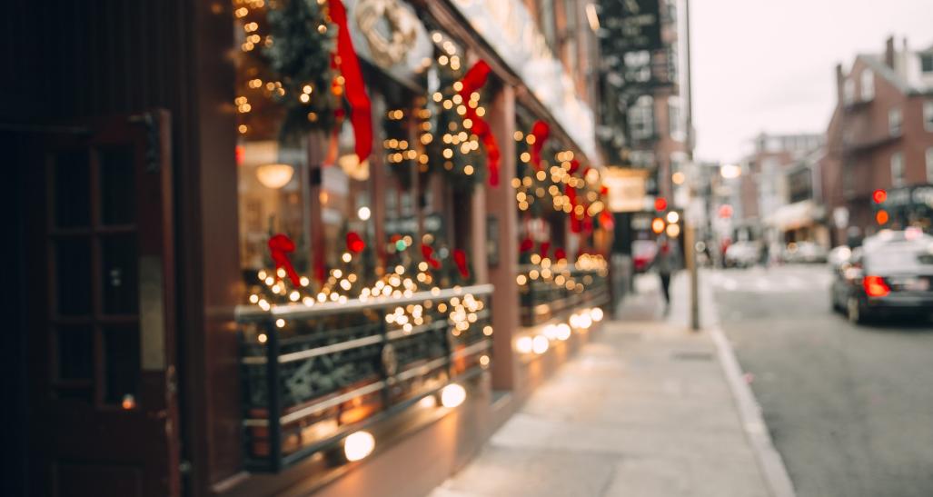 Shopping district decorated for holidays