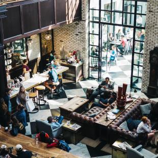Arial shot of people on bar
