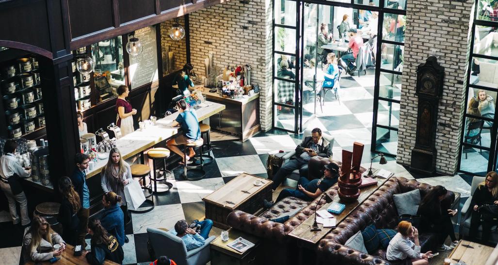 Arial shot of people on bar