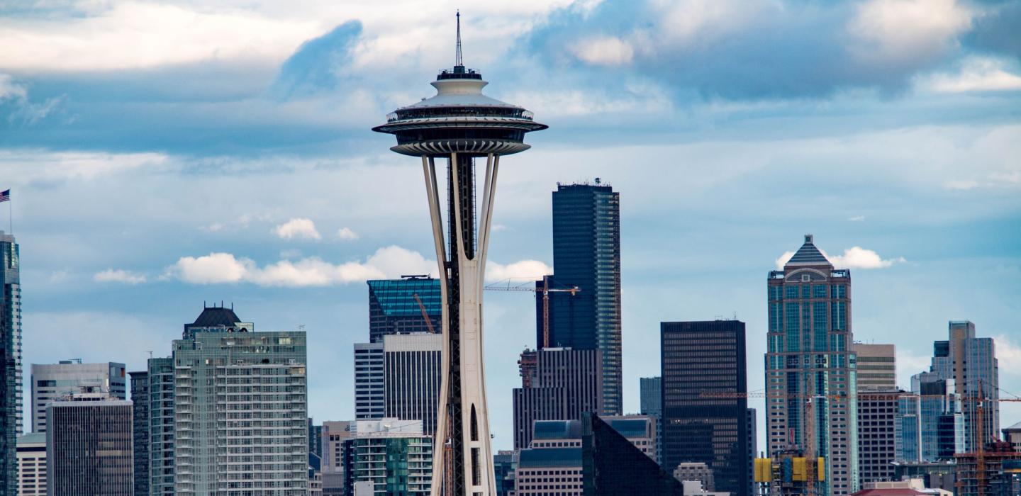 The Space Needle and Seattle skyline in Washington.